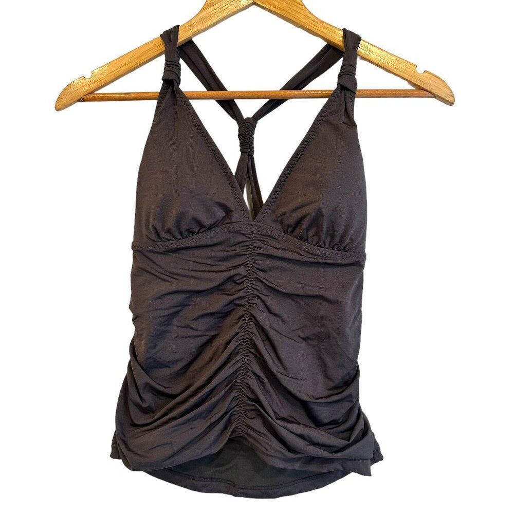 Athleta Aqualuxe Dusty Grey Ruched Adjustable T-Back Strap Tankini Top Size S